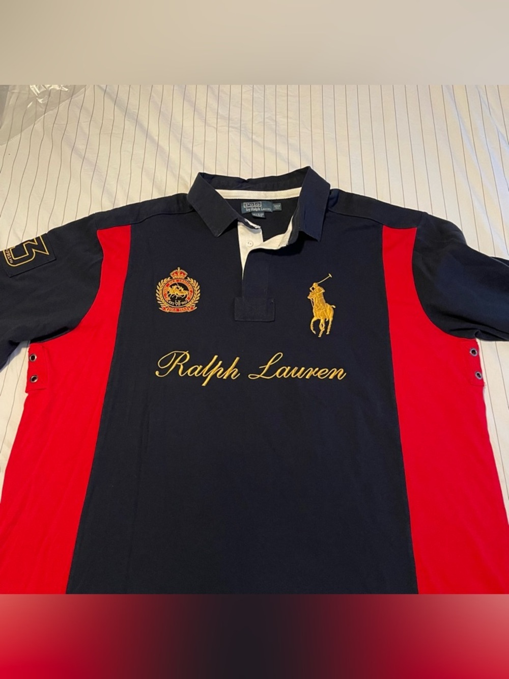 VTG Polo Ralph Lauren Rugby Shirt Mens 3XL Tall Gold Crest Blue Red Big Pony - Picture 3 of 14